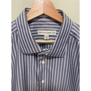 Pronto Uomo Mens XXL Dress Shirt Grey Blue Striped Non-Iron Modern Fit Cotton